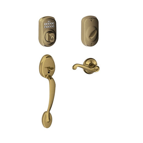 Schlage FE285PLY609FLA-BE365PLY609 Antique Brass Plymouth Keypad Handleset with Flair Lever