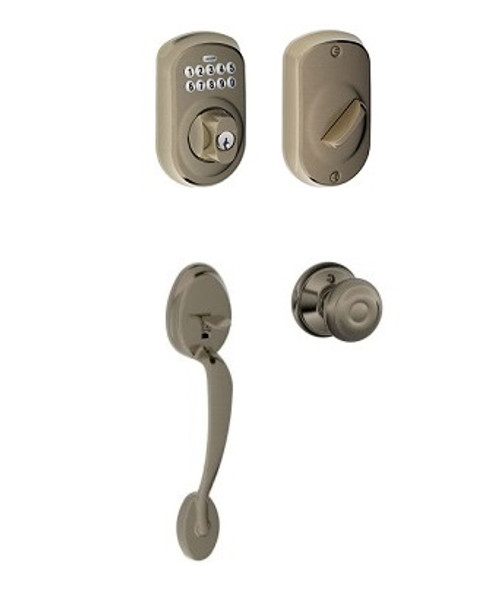 Schlage FE285PLY620GEO-BE365PLY620 Antique Pewter Plymouth Keypad Handleset with Georgian Knob