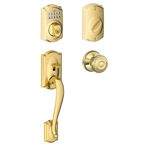 Schlage FE285CAM505GEO-BE365CAM505 Lifetime Brass Camelot Keypad Handleset with Georgian Knob