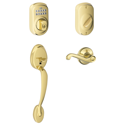 Schlage FE285PLY505FLA-BE365PLY505 Lifetime Brass Plymouth Keypad Handleset with Flair Lever
