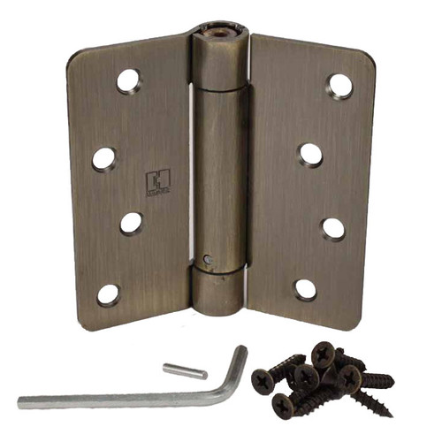 Hager 175145 Antique Brass 4" Full Mortise 1/4" Radius Steel Residential Spring Hinge