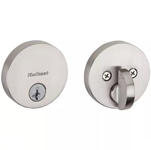 Kwikset 258RDT-15S.STRKP Uptown Round Contemporary Low Profile Single Cylinder SmartKey Deadbolt with 6AL Latch and STRKP Strike Pack which includes Square Corner, Round Corner and 5303 Round Corner Full Lip Strikes KA3 Satin Nickel Finish