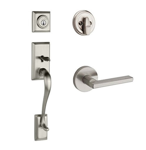 Kwikset 800HE/966HFLRDT-15 Satin Nickel Hawthorne Single Cylinder Handleset with Halifax Lever and Round Rose