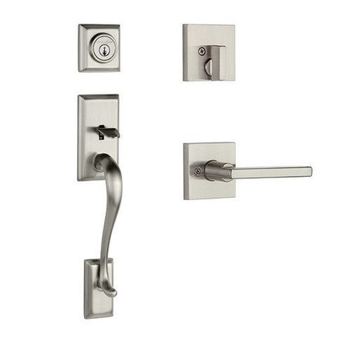 Kwikset 800HE/966HFLSQT-15 Satin Nickel Hawthorne Single Cylinder Handleset with Halifax Lever and Square Rose