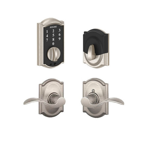 Schlage BE375CAM619/F10ACC619CAM Camelot Keyless Touch Pad Electronic Deadbolt Combo Pack Satin Nickel Electronic Touchscreen Deadbolt