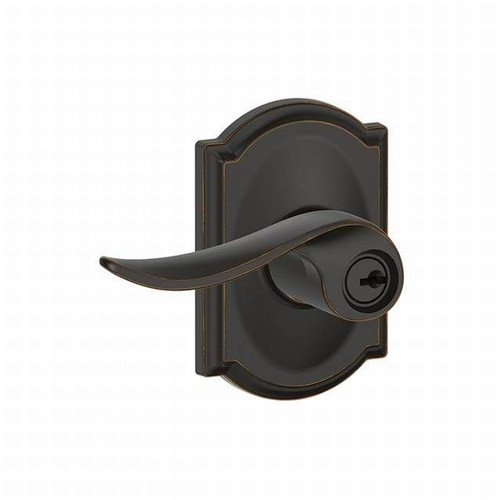 Schlage F51ASAC716CAM Aged Bronze Keyed Entry Sacramento Style Lever with Camelot Rose