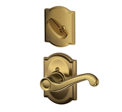 Schlage F59FLA609CAM Antique Brass Flair Lever and Deadbolt with Camelot Rose (Interior Half Only)