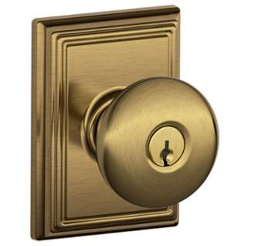 Schlage F51APLY609ADD Antique Brass Keyed Entry Plymouth Style Knob with Addison Rose