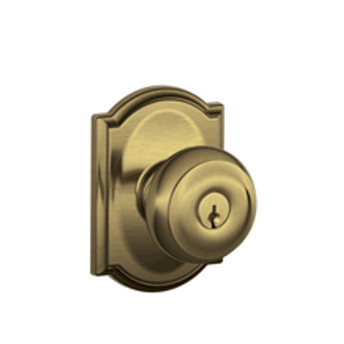 Schlage F51AGEO609CAM Antique Brass Keyed Entry Georgian Style Knob with Camelot Rose