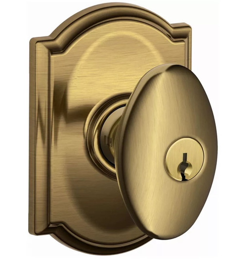 Schlage F51ASIE609CAM Antique Brass Keyed Entry Plymouth Style Knob with Camelot Rose