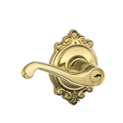 Schlage F51AFLA505BRK Lifetime Brass Keyed Entry Flair Style Lever with Brookshire Rose