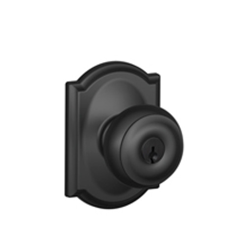 Schlage F51AGEO622CAM Matte Black Keyed Entry Georgian Style Knob with Camelot Rose