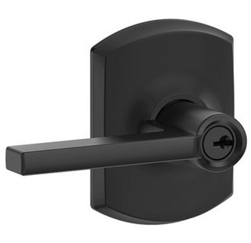 Schlage F51ALAT622GRW Matte Black Keyed Entry Latitude Style Lever with Greenwich Rose