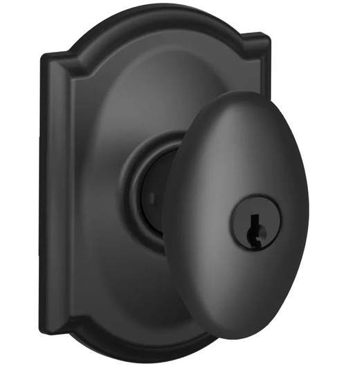 Schlage F51ASIE622CAM Matte Black Keyed Entry Plymouth Style Knob with Camelot Rose