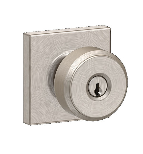Schlage F51ABWE619COL Satin Nickel Keyed Entry Bowery Style Knob with Collins Rose