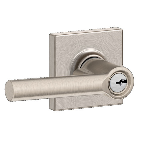 Schlage F51ABRW619COL Satin Nickel Keyed Entry Broadway Style Lever with Collins Rose