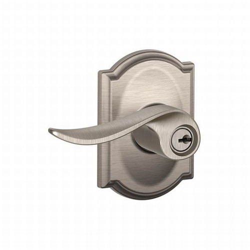 Schlage F51ASAC619CAM Satin Nickel Keyed Entry Sacramento Style Lever with Camelot Rose