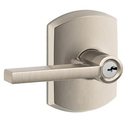 Schlage F51ALAT619GRW Satin Nickel Keyed Entry Latitude Style Lever with Greenwich Rose