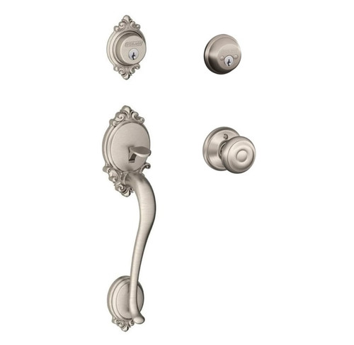 Schlage F62BRK619GEO Satin Nickel Brookshire Double Cylinder Handleset with Georgian Knob