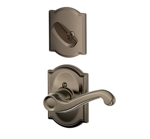 Schlage F94FLA620CAM Antique Pewter Dummy Handleset with Flair Lever and Camelot Rose (Interior Side Only)