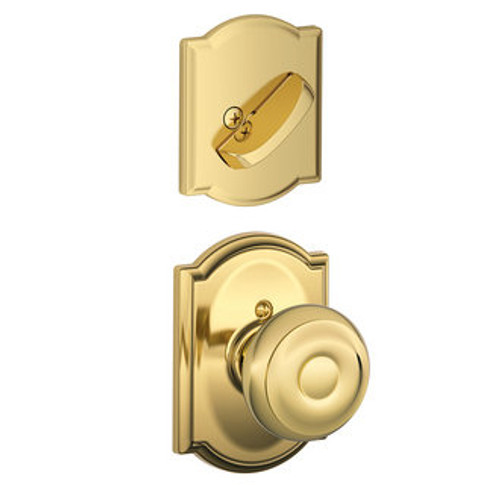 Schlage F94GEO605CAM Polished Brass Dummy Handleset with Georgian Knob and Camelot Rose (Interior Side Only)