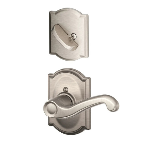 Schlage F94FLA619CAM Satin Nickel Dummy Handleset with Flair Lever and Camelot Rose (Interior Side Only)