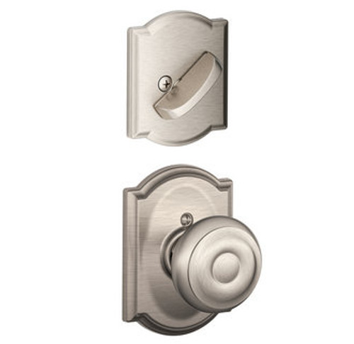 Schlage F94GEO619CAM Satin Nickel Dummy Handleset with Georgian Knob and Camelot Rose (Interior Side Only)