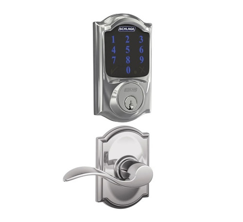Schlage FBE469ZPCAM625ACCCAM Polished Chrome Camelot Touch Pad Electronic Deadbolt with Z-Wave Technology and Accent Lever with CAM Rose