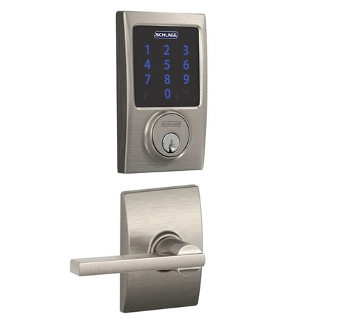Schlage FBE468ZPCEN619LATCEN Satin Nickel Century Touch Pad Electronic Deadbolt with Z-Wave Technology and Latitude Lever with CEN Rose
