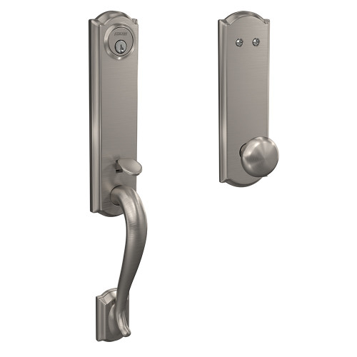 Schlage FCT93CAM619PLYCAM Camelot Dummy Handleset with Plymouth Knob and Camelot Rose Satin Nickel