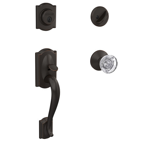 Schlage FC60CAM716HOBKIN Camelot Single Cylinder Handleset with Hobson Knob and Kinsler Rose Aged Bronze