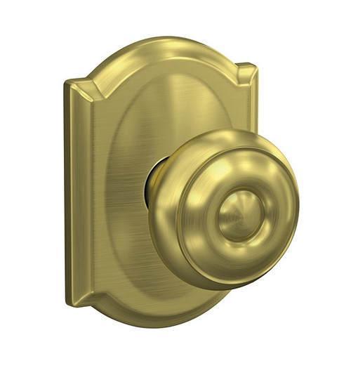 Schlage FC21GEO608CAM Georgian Knob with Camelot Rose Passage and Privacy Lock Satin Brass Finish