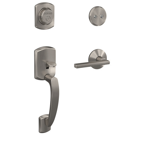 Schlage FC93GRW619LATKIN Greenwich Dummy Handleset with Latitude Lever and Kinsler Rose Satin Nickel