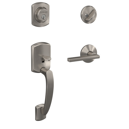 Schlage FC60GRW619LATKIN Greenwich Single Cylinder Handleset with Latitude Lever and Kinsler Rose Satin Nickel