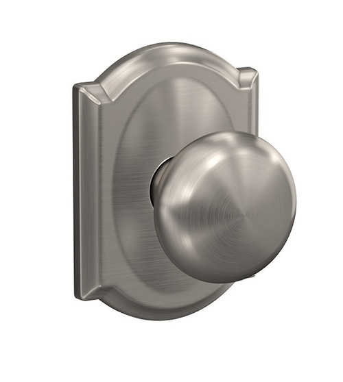 Schlage FC21PLY619CAM Plymouth Knob with Camelot Rose Passage and Privacy Lock Satin Nickel Finish