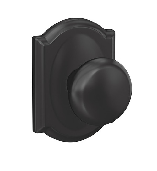 Schlage FC21PLY622CAM Plymouth Knob with Camelot Rose Passage and Privacy Lock Matte Black Finish