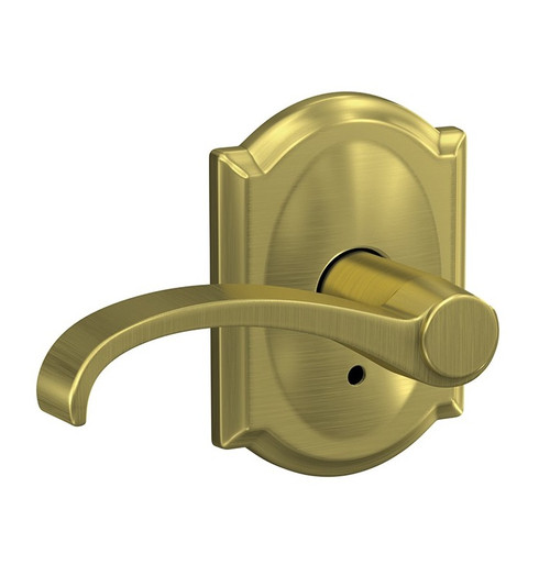 Schlage FC21WIT608CAM Whitney Lever with Camelot Rose Passage and Privacy Lock Satin Brass Finish