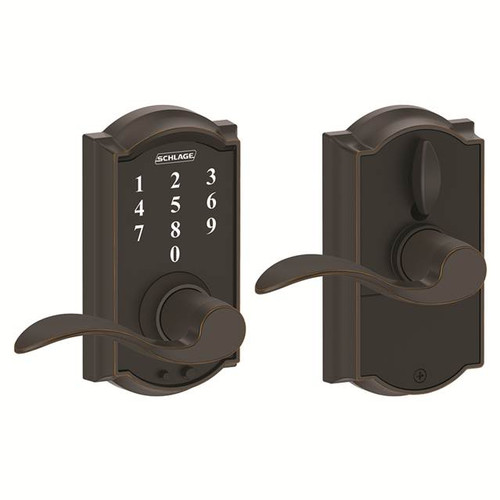 Schlage FE695CAM716ACC Aged Bronze Camelot Keyless Touch Pad Electronic Leverset with Accent Lever