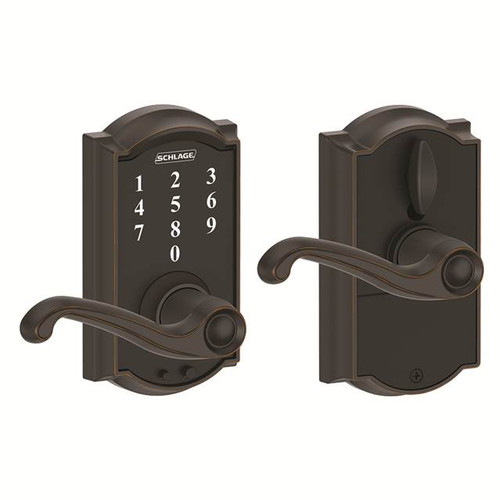 Schlage FE695CAM716FLA Aged Bronze Camelot Keyless Touch Pad Electronic Leverset with Flair Lever