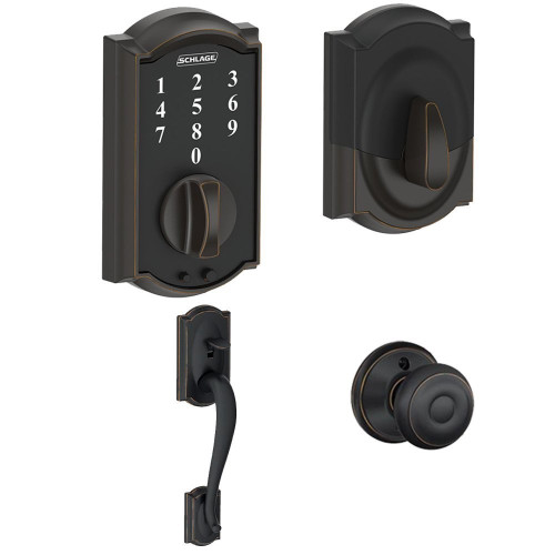 Schlage FE375CAM716GEO Aged Bronze Camelot Keyless Touch Pad Electronic Handleset with Georgian Knob