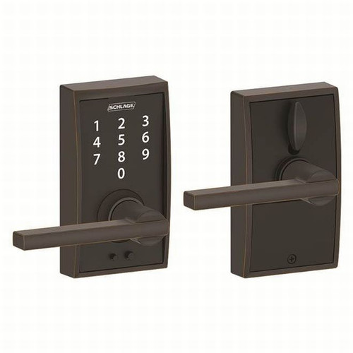 Schlage FE695CEN716LAT Aged Bronze Century Keyless Touch Pad Electronic Leverset with Latitude Lever