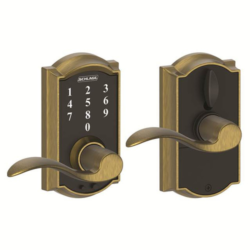 Schlage FE695CAM609ACC Antique Brass Camelot Keyless Touch Pad Electronic Leverset with Accent Lever