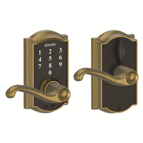 Schlage FE695CAM609FLA Antique Brass Camelot Keyless Touch Pad Electronic Leverset with Flair Lever