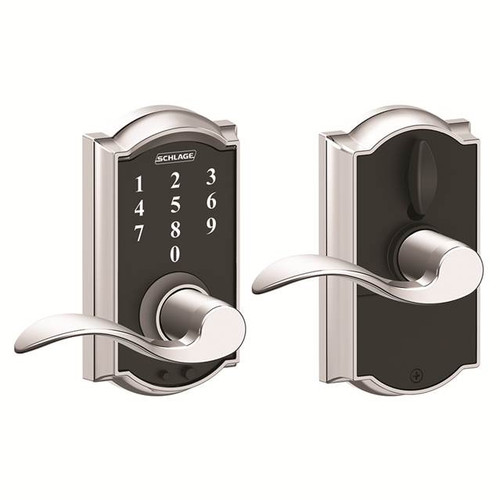 Schlage FE695CAM625ACC Bright Chrome Camelot Keyless Touch Pad Electronic Leverset with Accent Lever