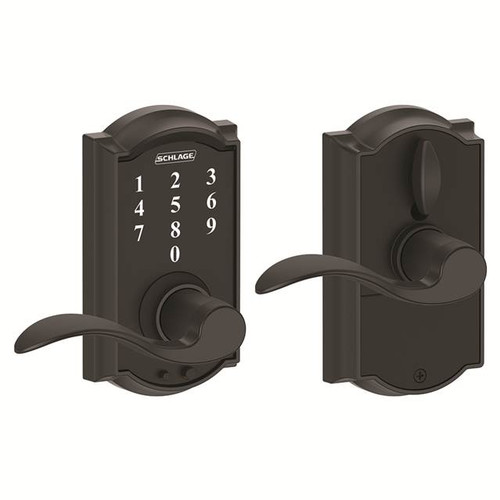 Schlage FE695CAM622ACC Matte Black Camelot Keyless Touch Pad Electronic Leverset with Accent Lever