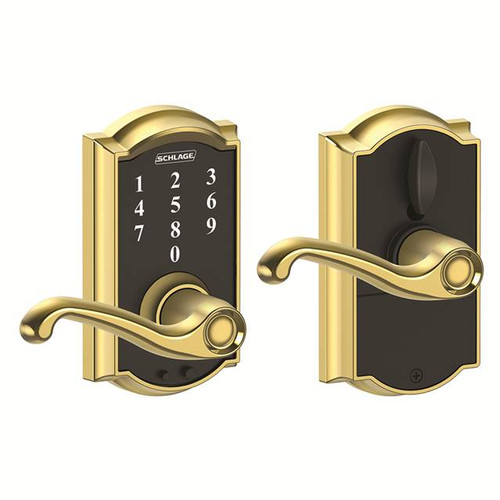 Schlage FE695CAM605FLA Polished Brass Camelot Keyless Touch Pad Electronic Leverset with Flair Lever