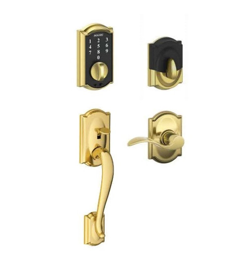 Schlage FE375CAM605ACCCAM Polished Brass Camelot Keyless Touch Pad Electronic Handleset with Accent Lever and Camelot Rose