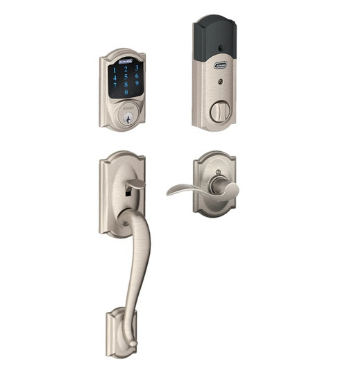 Schlage FE468ZPCAM619ACCCAM Satin Nickel Camelot Touch Pad Electronic Deadbolt with Z-Wave Technology and Camelot Handleset with Accent Lever and CAM Rose