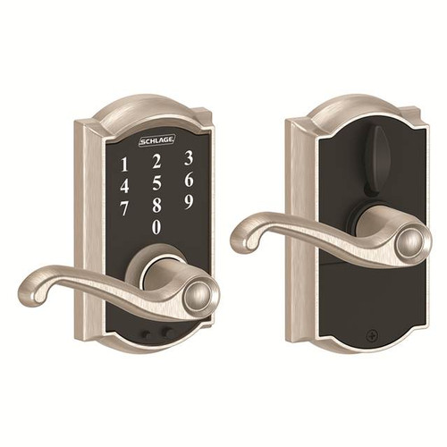 Schlage FE695CAM619FLA Satin Nickel Camelot Keyless Touch Pad Electronic Leverset with Flair Lever