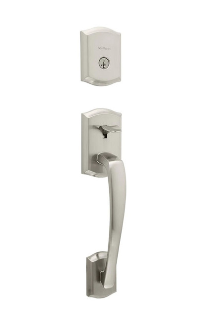 Kwikset 818PTHLIP-15S.STRKP Single Cylinder Prescott Exterior Handleset with SmartKey with 6AL Latch and STRKP Strike Pack which includes Square Corner; Round Corner and 5303 Round Corner Full Lip Strikes Satin Nickel Finish